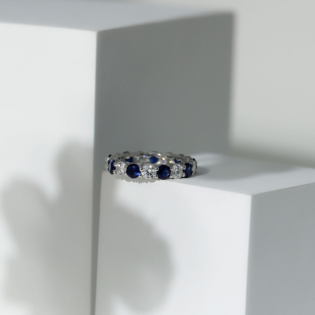 Alternating Created Blue Sapphire and Moissanite Eternity Ring Lab Created Blue Sapphire - ( AAAA ) - Quality - Rosec Jewels