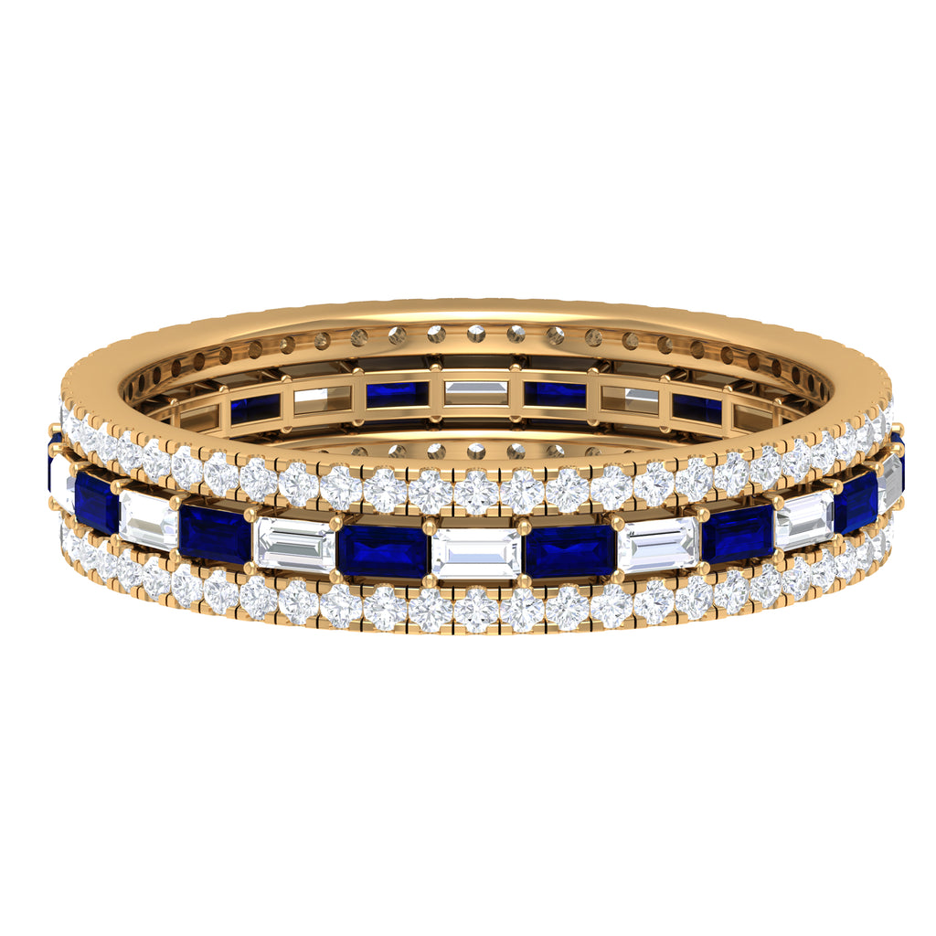 Baguette Cut Lab Grown Blue Sapphire and Moissanite Wedding Band Lab Created Blue Sapphire - ( AAAA ) - Quality - Rosec Jewels