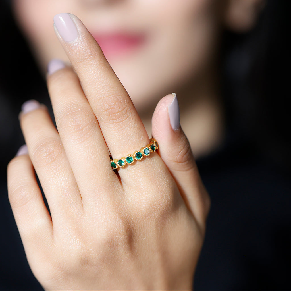 Lab Grown Emerald Eternity Ring in Milgrain Bezel Setting Lab Created Emerald - ( AAAA ) - Quality - Rosec Jewels