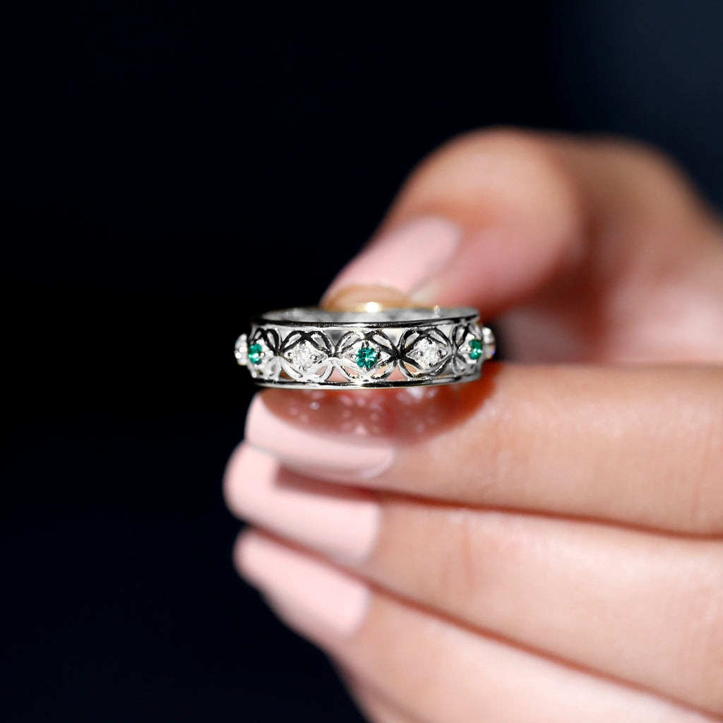 Lab Grown Emerald and Moissanite Celtic Wedding Band Ring Lab Created Emerald - ( AAAA ) - Quality - Rosec Jewels