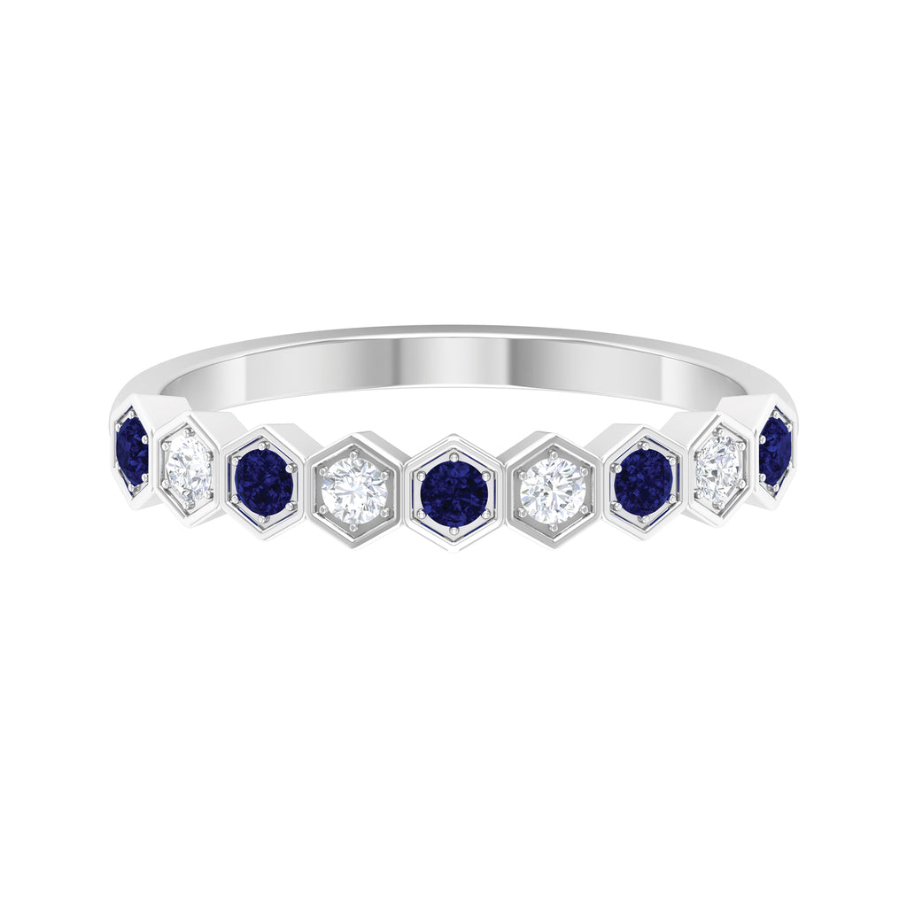 Blue Sapphire and Moissanite Geometric Stackable Ring Blue Sapphire - ( AAA ) - Quality - Rosec Jewels
