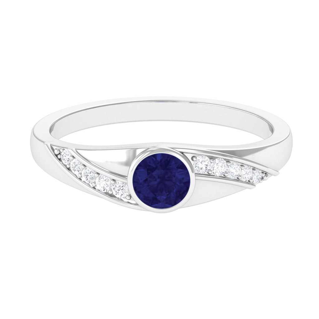 3/4 CT Bezel Set Blue Sapphire Classic Engagement Ring with Diamond Blue Sapphire - ( AAA ) - Quality - Rosec Jewels