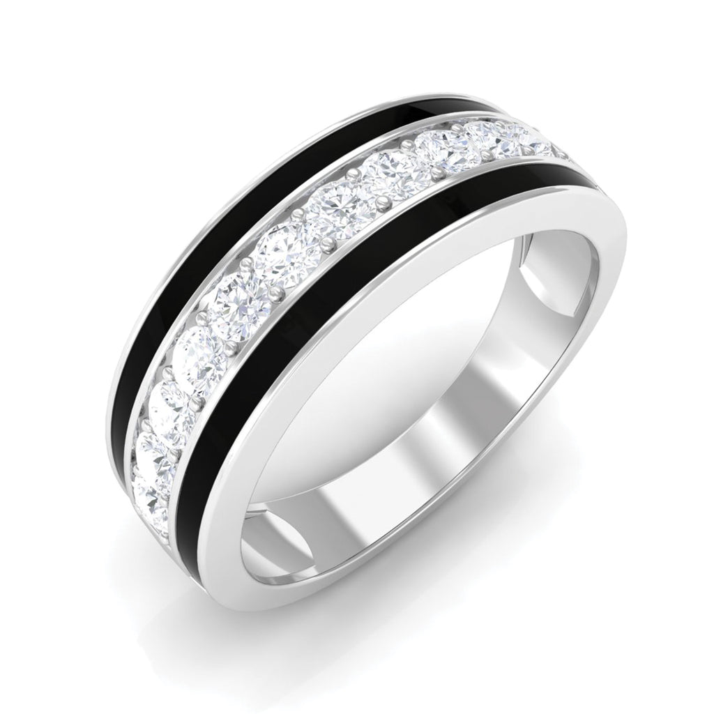 Natural Diamond Wide Band Ring with Enamel Diamond - ( HI-SI ) - Color and Clarity - Rosec Jewels