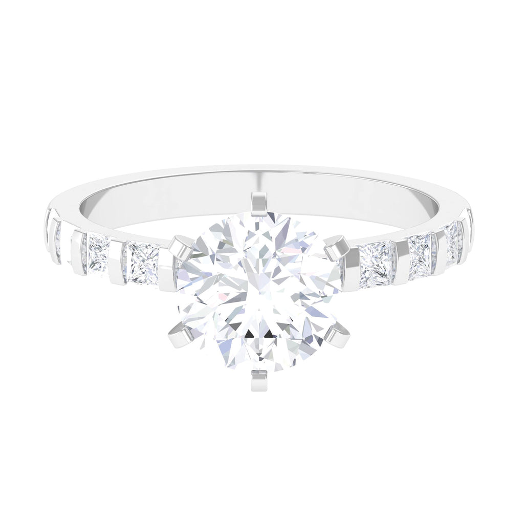 Round Moissanite Solitaire Engagement Ring with Princess Cut Side Stones Moissanite - ( D-VS1 ) - Color and Clarity - Rosec Jewels