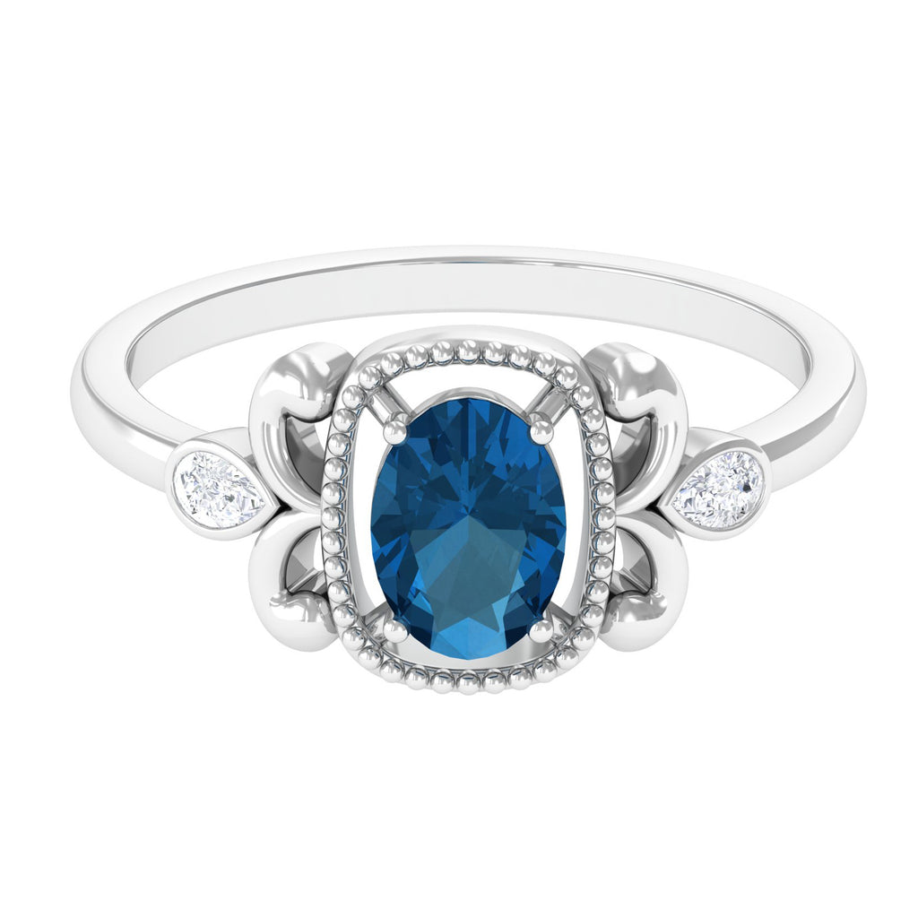 1.25 CT Oval London Blue Topaz Vintage Solitaire Ring with Diamond and Beaded London Blue Topaz - ( AAA ) - Quality - Rosec Jewels
