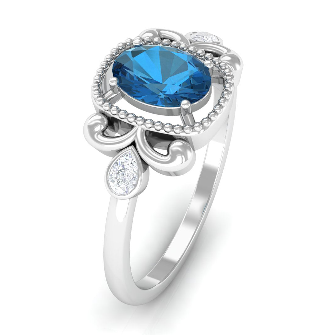 1.25 CT Oval London Blue Topaz Vintage Solitaire Ring with Diamond and Beaded London Blue Topaz - ( AAA ) - Quality - Rosec Jewels