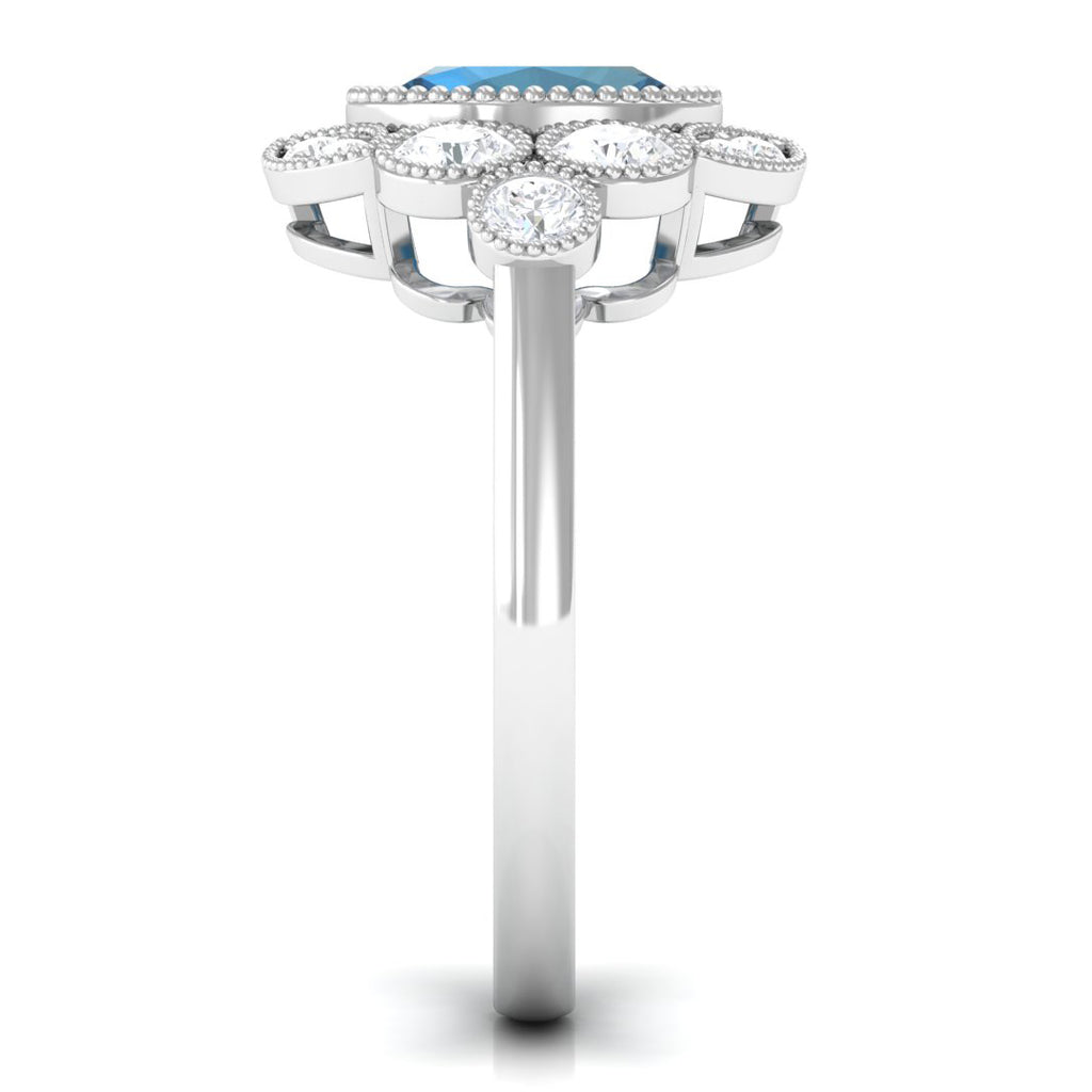 2 CT Oval London Blue Topaz Statement Ring with Diamond Halo London Blue Topaz - ( AAA ) - Quality - Rosec Jewels