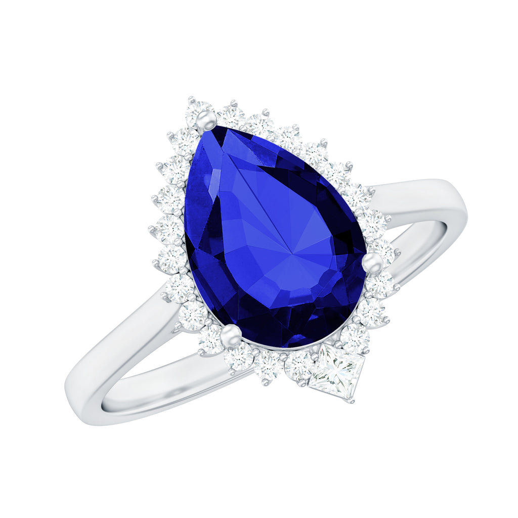 Pear Created Blue Sapphire Cocktail Halo Ring with Diamond Lab Created Blue Sapphire - ( AAAA ) - Quality - Rosec Jewels