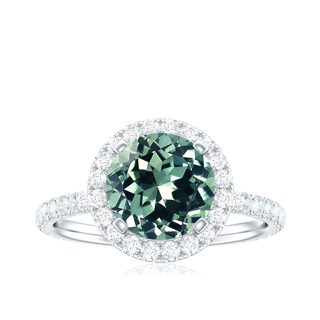 Round Lab Created Green Sapphire Halo Engagement Ring with Moissanite Lab Created Green Sapphire - ( AAAA ) - Quality - Rosec Jewels