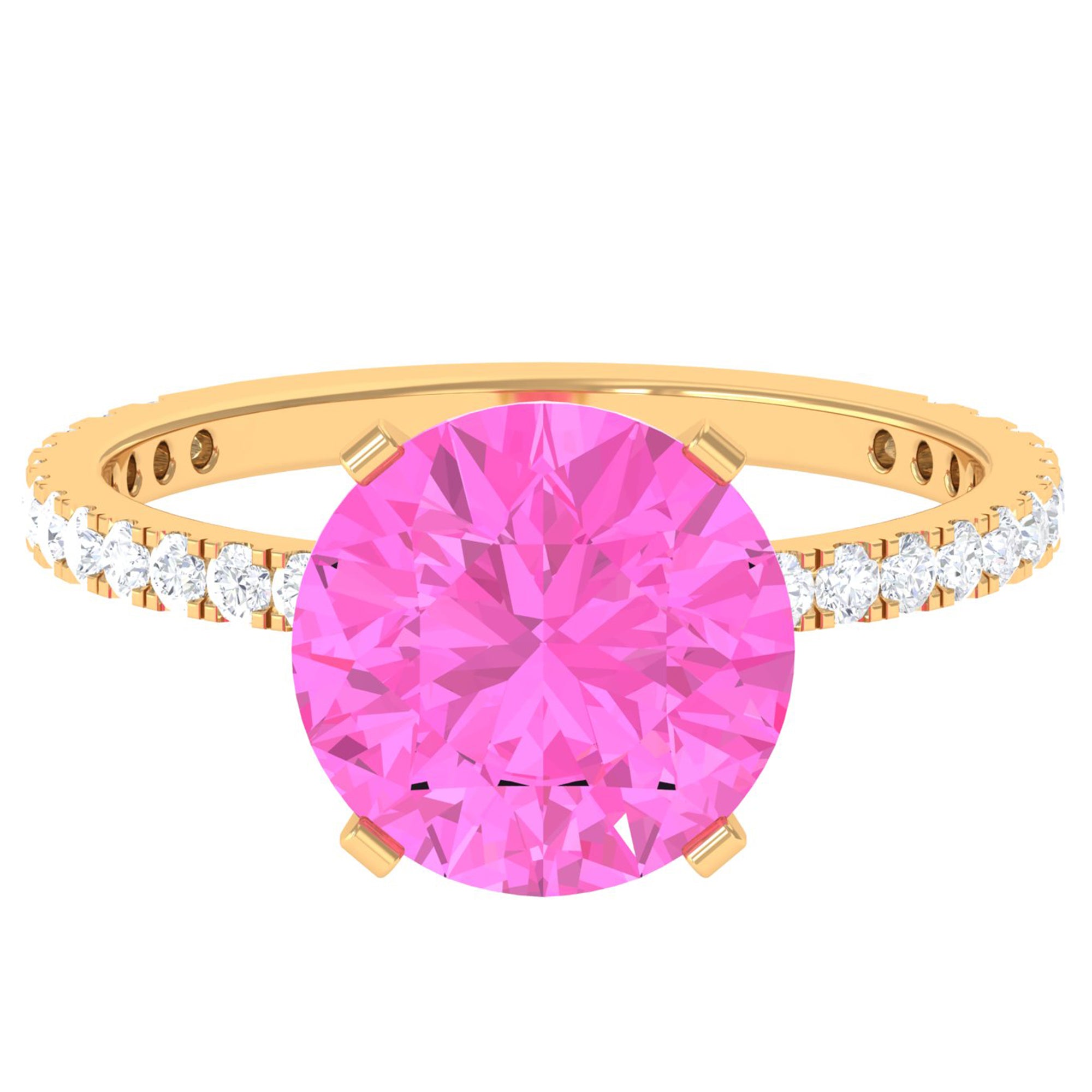Round Created Pink Sapphire Solitaire Engagement Ring with Diamond Lab Created Pink Sapphire - ( AAAA ) - Quality - Rosec Jewels