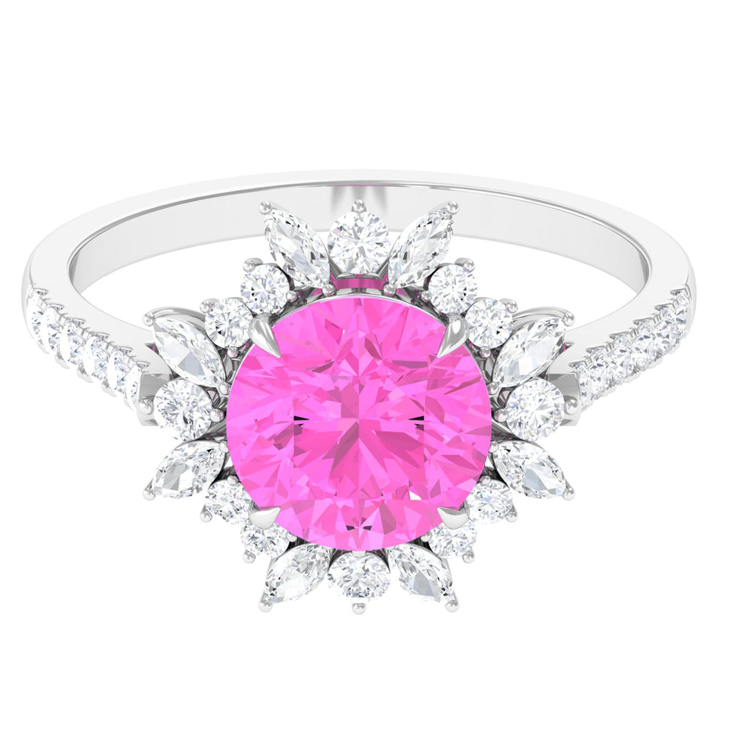 Created Pink Sapphire Cocktail Ring with Moissanite Floral Halo Lab Created Pink Sapphire - ( AAAA ) - Quality - Rosec Jewels