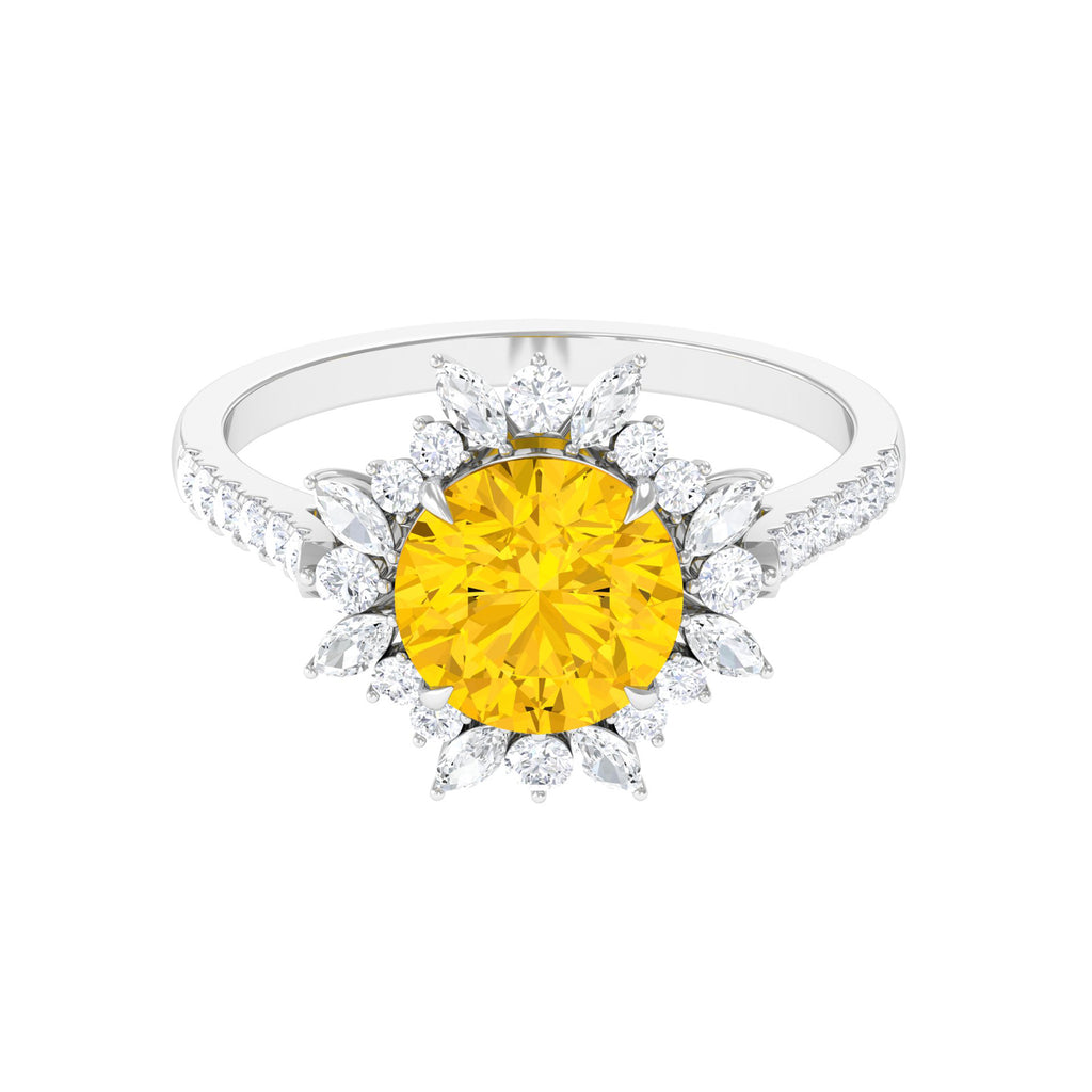 Created Yellow Sapphire Floral Engagement Ring with Moissanite Lab Created Yellow Sapphire - ( AAAA ) - Quality - Rosec Jewels