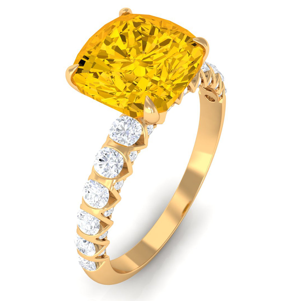 Cushion Cut Created Yellow Sapphire Engagement Ring with Diamond Lab Created Yellow Sapphire - ( AAAA ) - Quality - Rosec Jewels