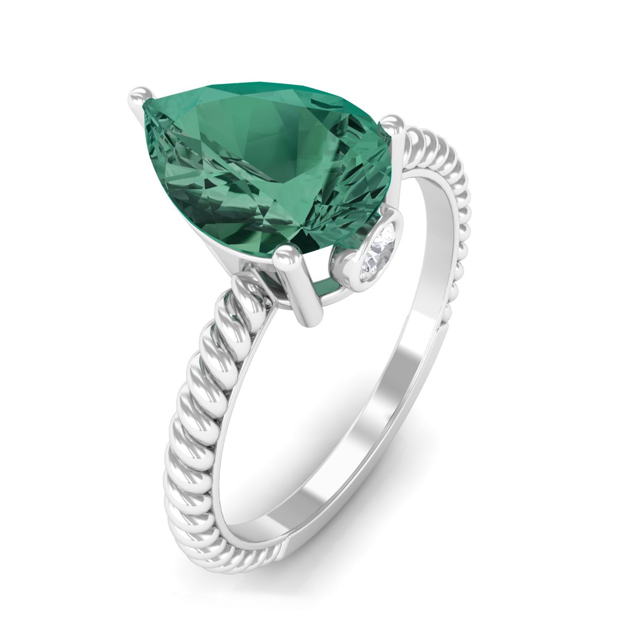 Pear Shape Created Green Sapphire Solitaire Engagement Ring Lab Created Green Sapphire - ( AAAA ) - Quality - Rosec Jewels