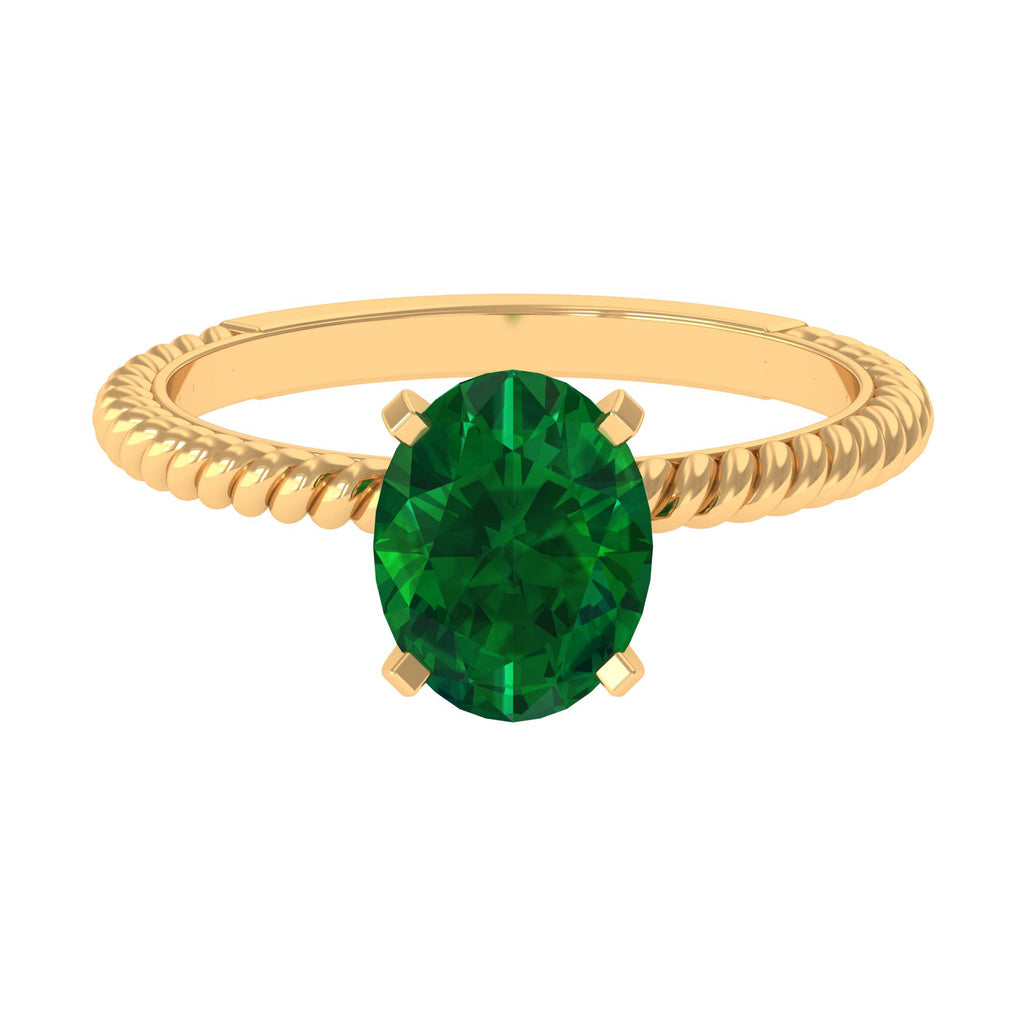 Twisted Rope Created Emerald Solitaire Ring with Surprise Diamond Lab Created Emerald - ( AAAA ) - Quality - Rosec Jewels