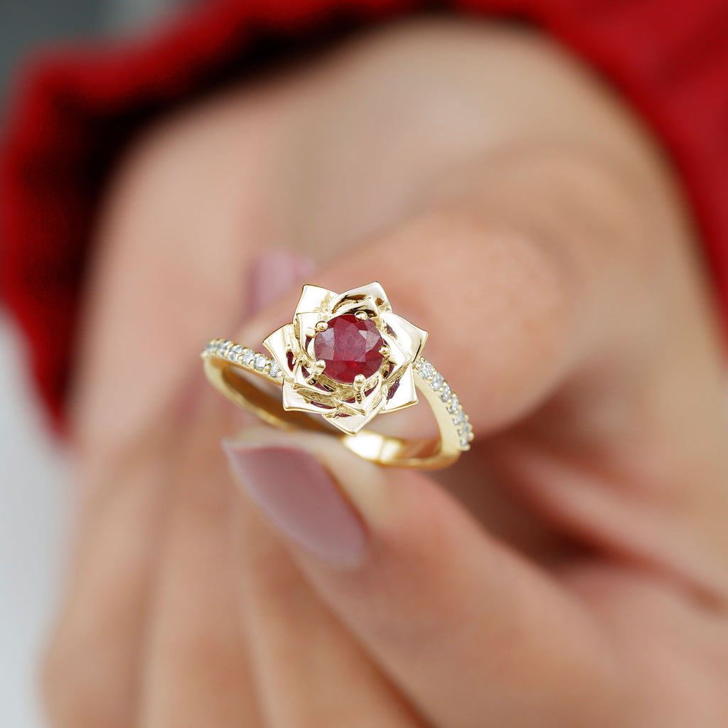 Round Ruby and Diamond Floral Engagement Ring with Bypass Shank Ruby - ( AAA ) - Quality - Rosec Jewels