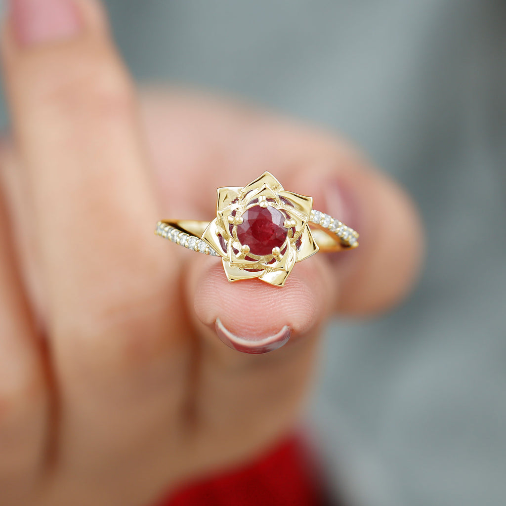 Round Ruby and Diamond Floral Engagement Ring with Bypass Shank Ruby - ( AAA ) - Quality - Rosec Jewels