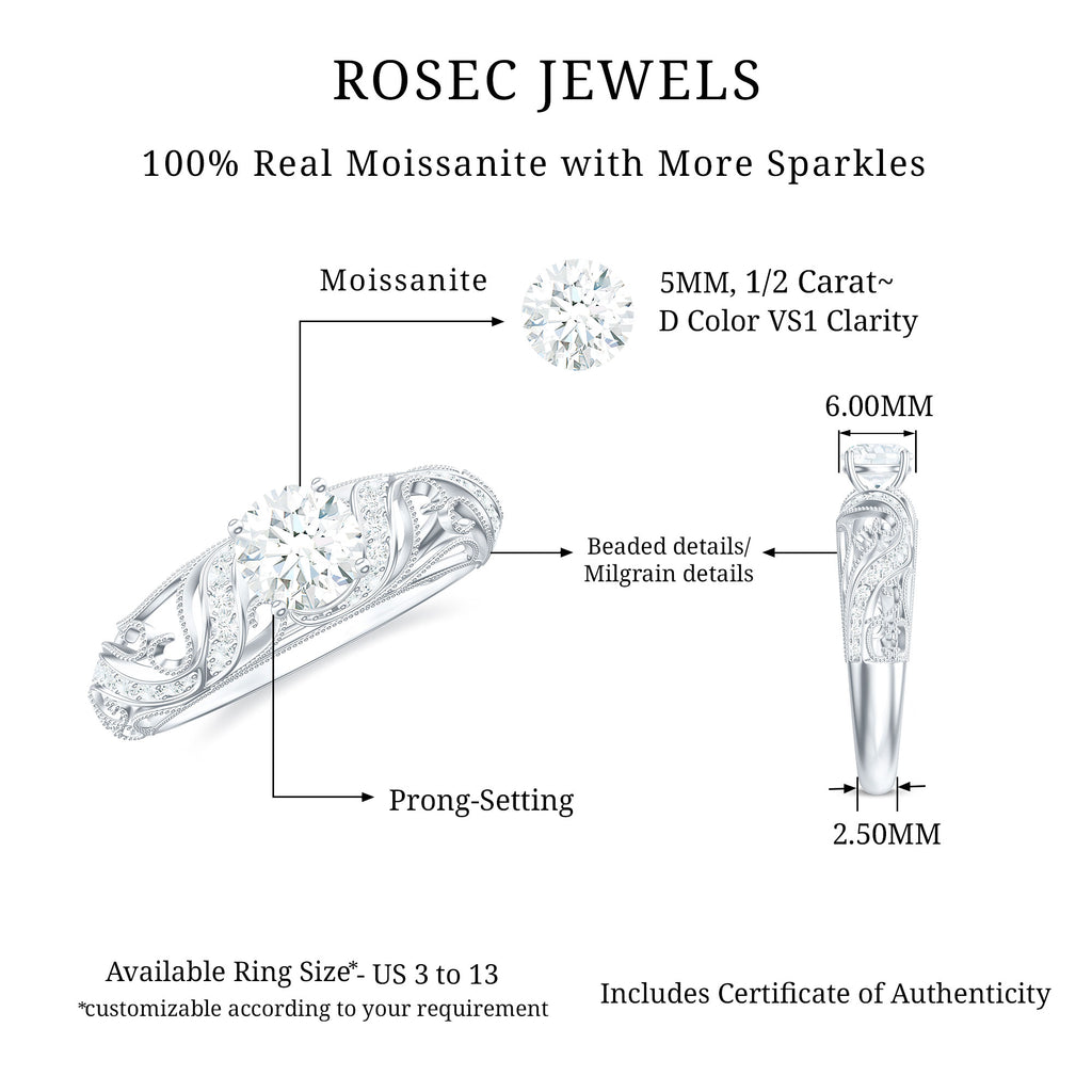 Round Moissanite Vintage Inspired Engagement Ring Moissanite - ( D-VS1 ) - Color and Clarity - Rosec Jewels
