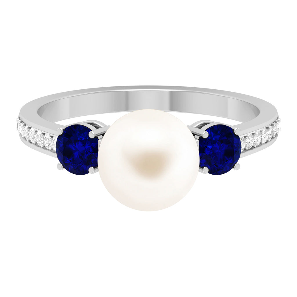 Freshwater Pearl and Blue Sapphire Engagement Ring with Moissanite Freshwater Pearl - ( AAA ) - Quality - Rosec Jewels