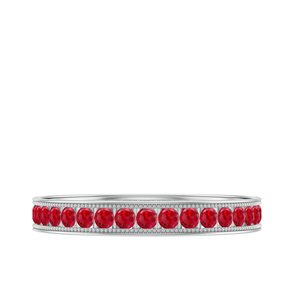 Channel Set Round Created Ruby Eternity Ring with Gold Beaded Lab Created Ruby - ( AAAA ) - Quality - Rosec Jewels