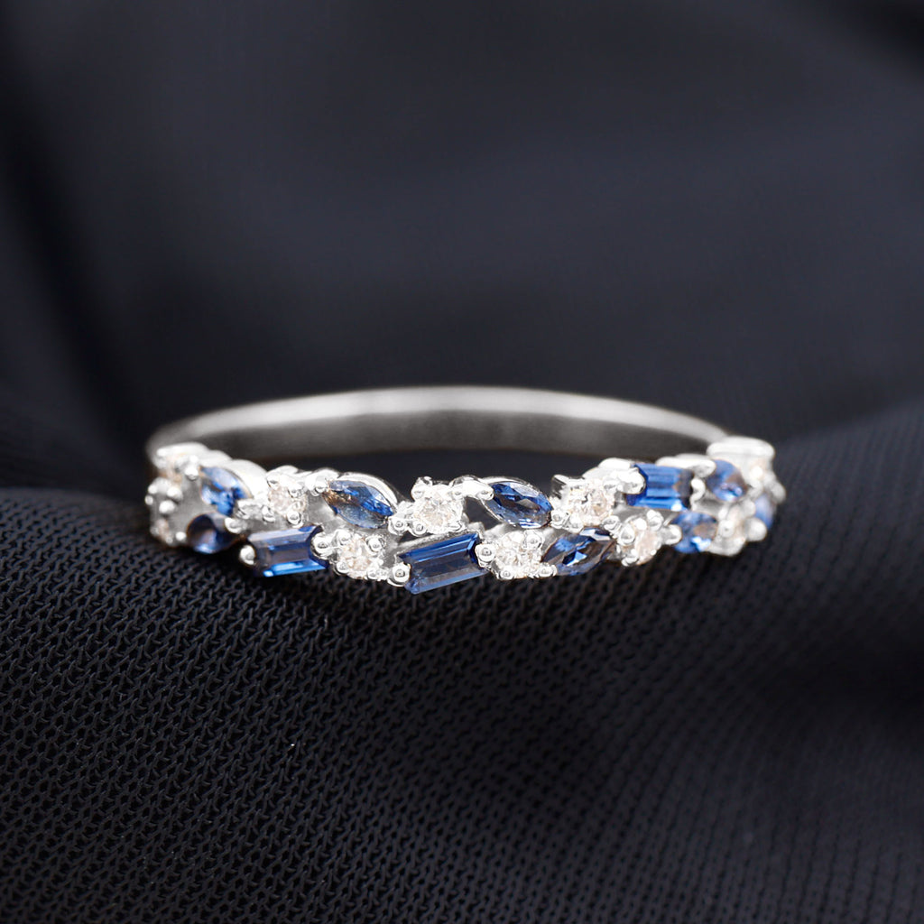 Lab Created Blue Sapphire and Diamond Cluster Half Eternity Ring Lab Created Blue Sapphire - ( AAAA ) - Quality - Rosec Jewels