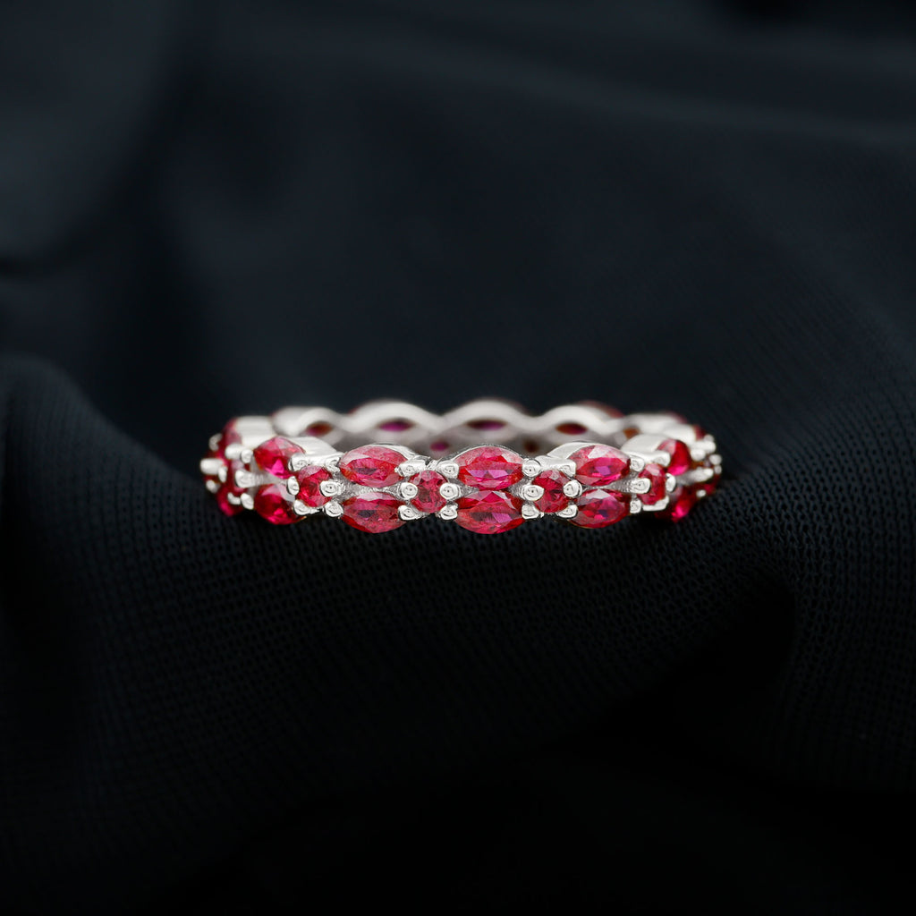Marquise and Round Cut Created Ruby Contemporary Eternity Ring Lab Created Ruby - ( AAAA ) - Quality - Rosec Jewels