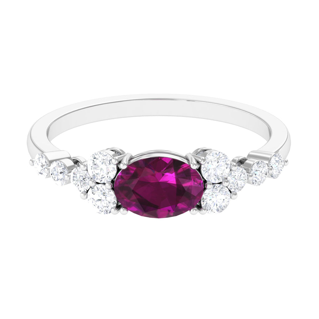 Real Rhodolite Solitaire East West Ring with Diamond Stones Rhodolite - ( AAA ) - Quality - Rosec Jewels