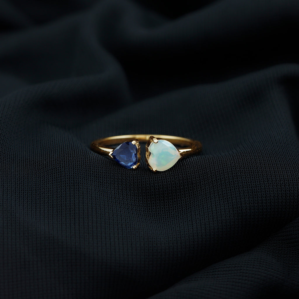 1 CT Blue Sapphire and Ethiopian Opal Toi Et Moi Heart Ring Blue Sapphire - ( AAA ) - Quality - Rosec Jewels