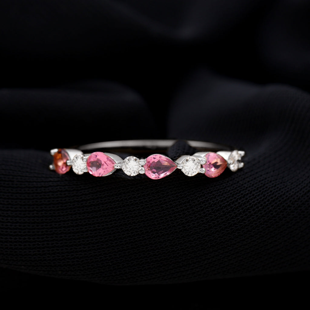 Pear Cut Pink Tourmaline and Diamond Alternate Half Eternity Ring Pink Tourmaline - ( AAA ) - Quality - Rosec Jewels