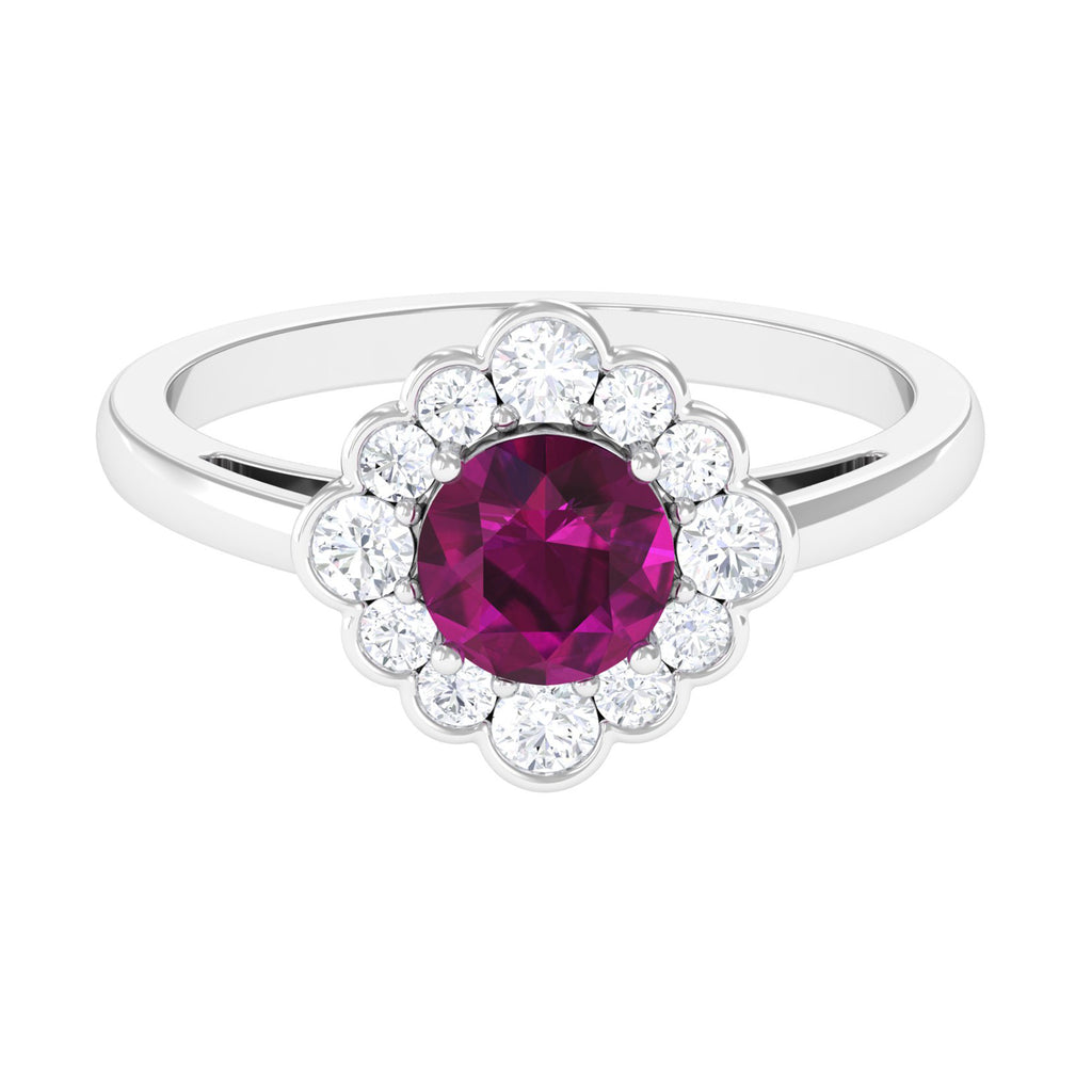 Natural Rhodolite Ring with Diamond Halo Rhodolite - ( AAA ) - Quality - Rosec Jewels