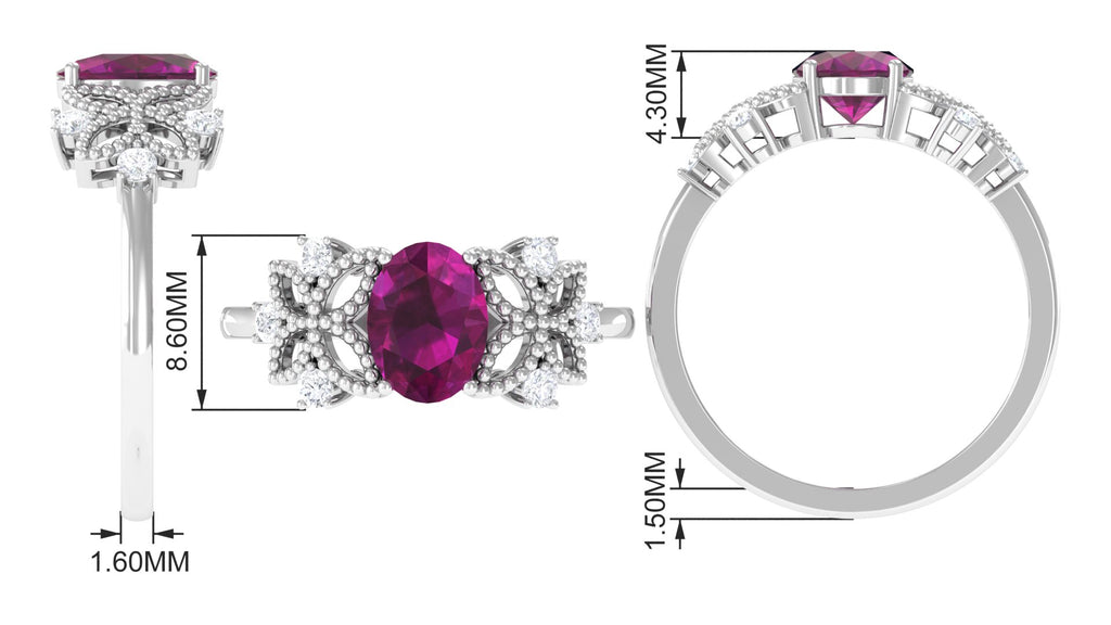 1.75 CT Oval Cut Rhodolite Solitaire Floral Ring with Diamond Rhodolite - ( AAA ) - Quality - Rosec Jewels