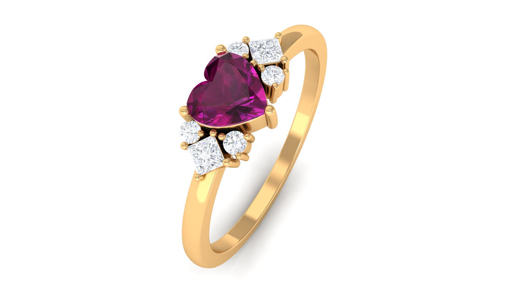 Heart Shape Rhodolite Ring with Diamond Stones Rhodolite - ( AAA ) - Quality - Rosec Jewels