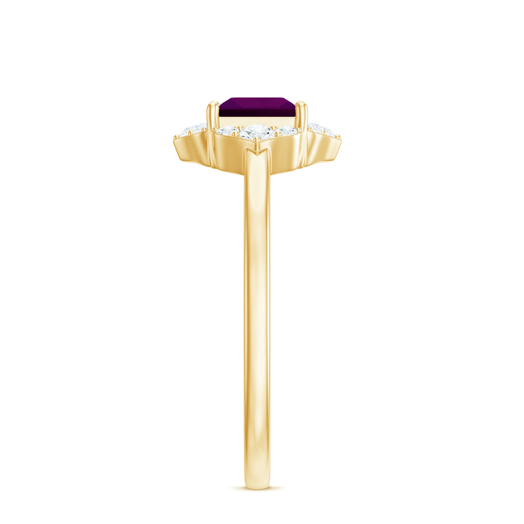 Princess Cut Rhodolite Ring with Diamond Halo Rhodolite - ( AAA ) - Quality - Rosec Jewels