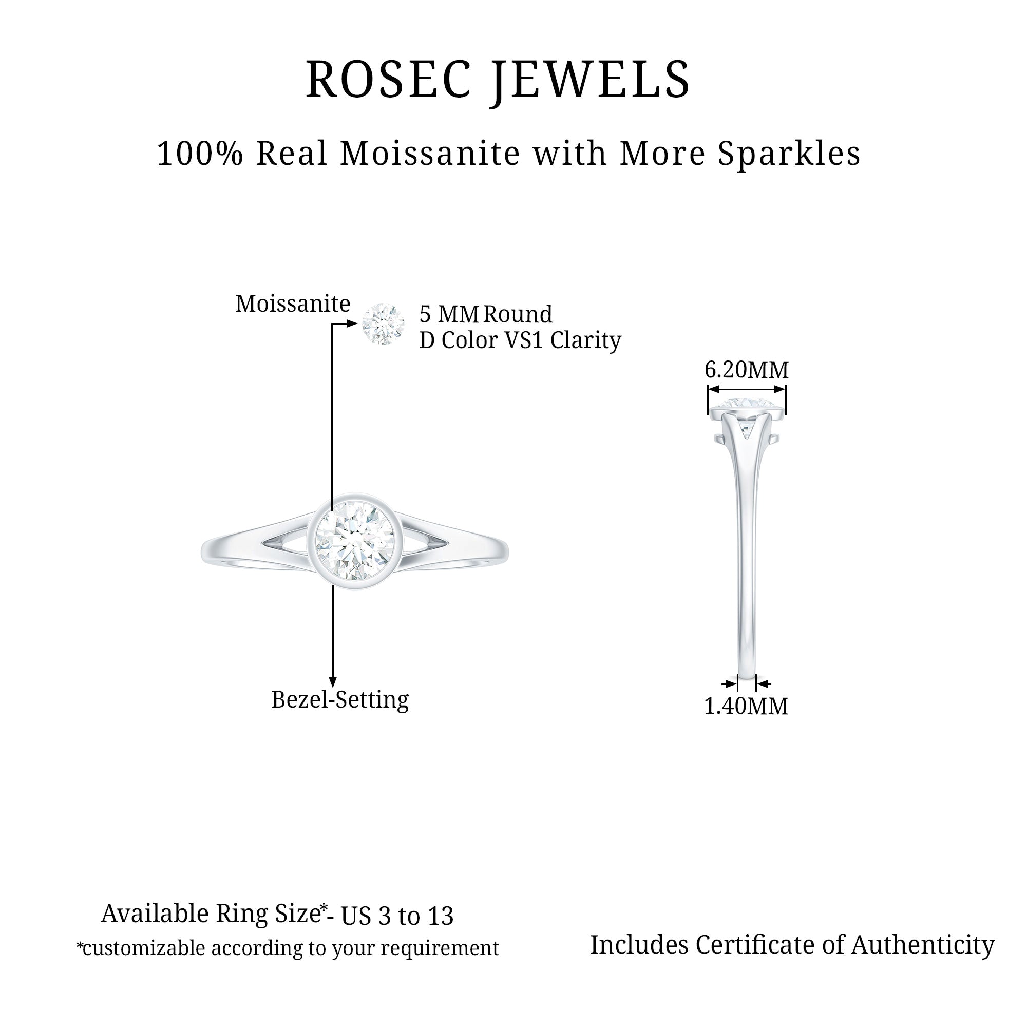 Bezel Set Round Moissanite Solitaire Promise Ring in Split Shank Moissanite - ( D-VS1 ) - Color and Clarity - Rosec Jewels