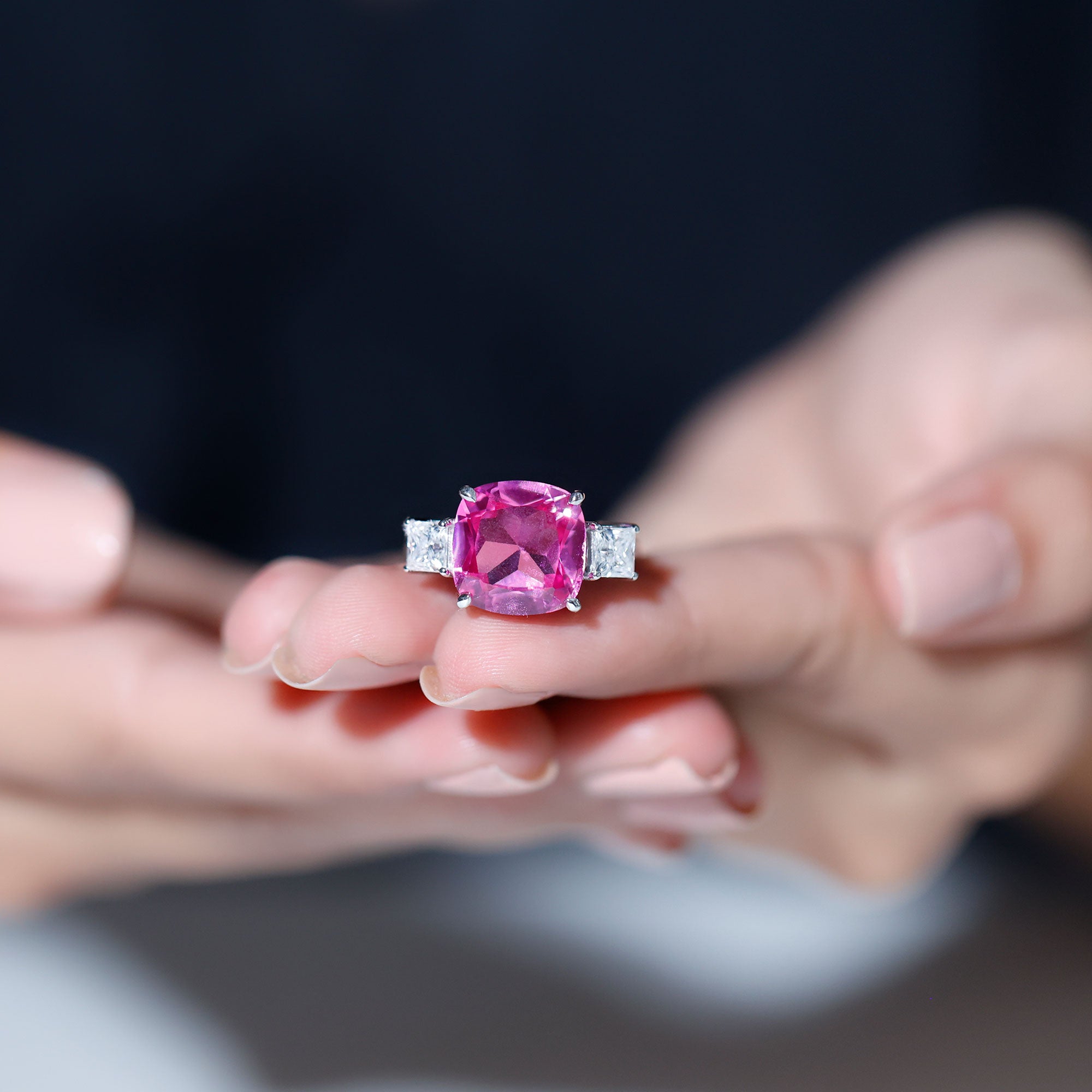 Cushion Cut Created Pink Sapphire Solitaire Engagement Ring with Moissanite Lab Created Pink Sapphire - ( AAAA ) - Quality - Rosec Jewels