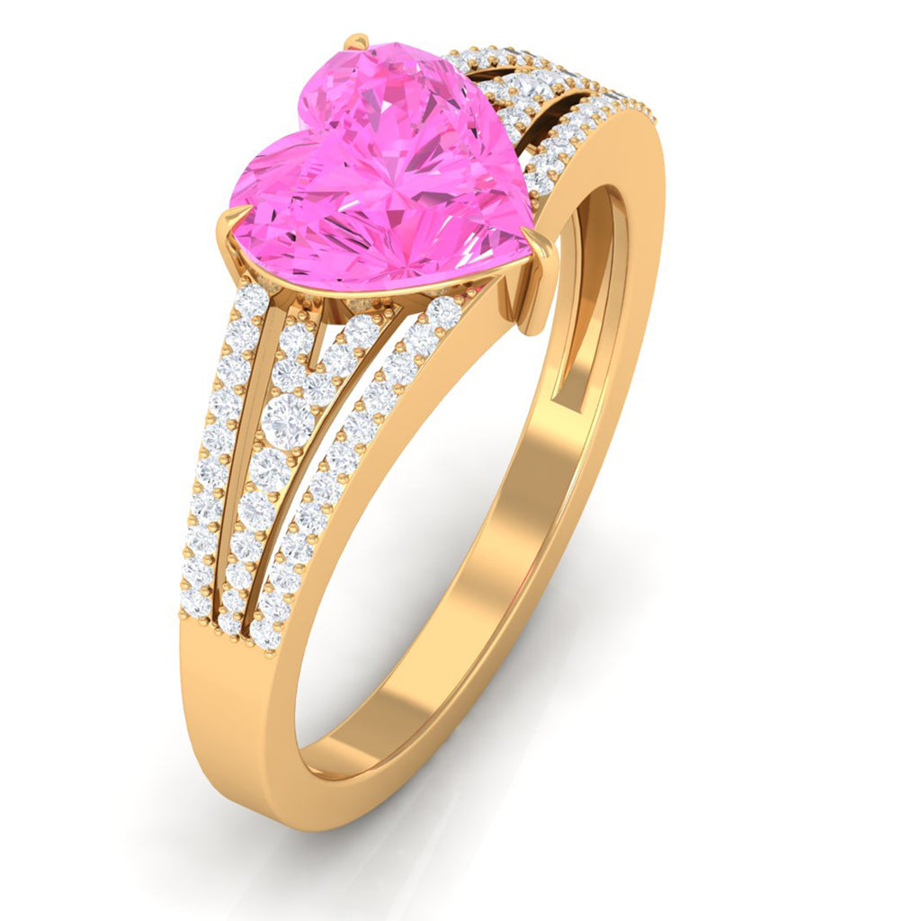 Created Pink Sapphire Heart Engagement Ring with Diamond Lab Created Pink Sapphire - ( AAAA ) - Quality - Rosec Jewels