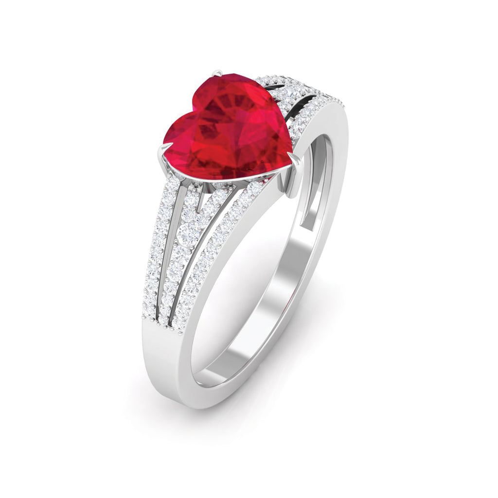 Heart Shape Created Ruby Engagement Ring with Diamond Lab Created Ruby - ( AAAA ) - Quality - Rosec Jewels