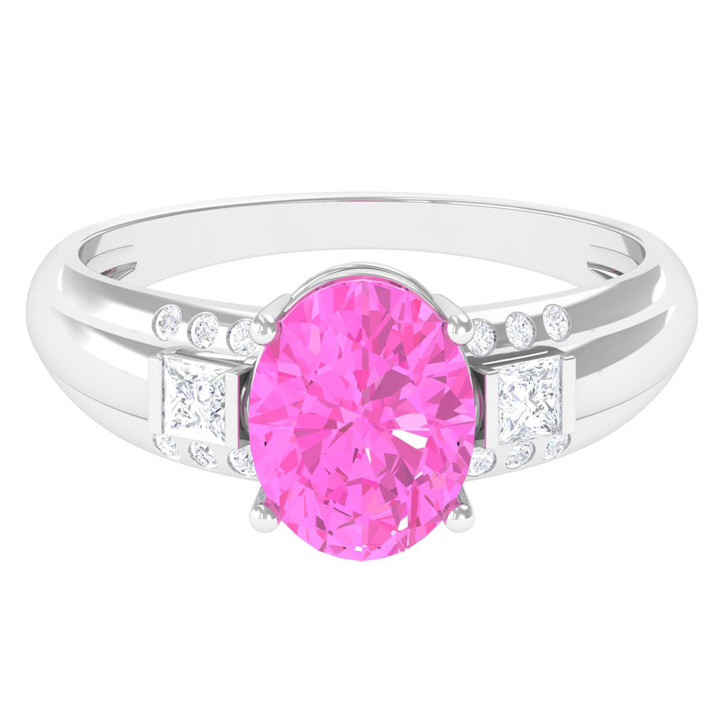 Lab Grown Pink Sapphire Oval Solitaire Engagement Ring with Diamond Lab Created Pink Sapphire - ( AAAA ) - Quality - Rosec Jewels