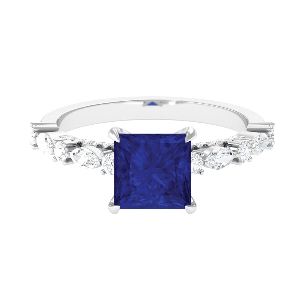 Princess Cut Lab Grown Blue Sapphire Solitaire Engagement Ring Lab Created Blue Sapphire - ( AAAA ) - Quality - Rosec Jewels