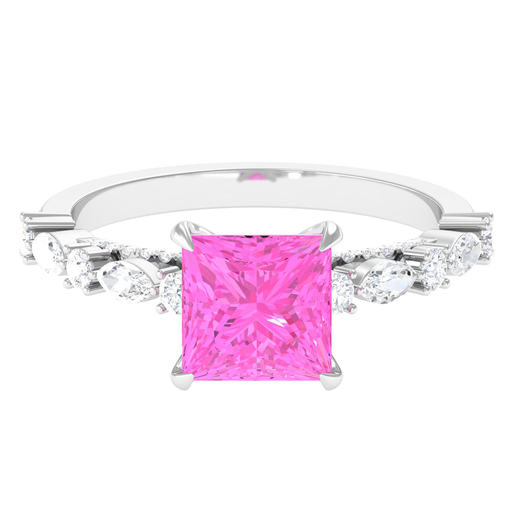 Princess Cut Lab Grown Pink Sapphire Engagement Ring with Moissanite Lab Created Pink Sapphire - ( AAAA ) - Quality - Rosec Jewels