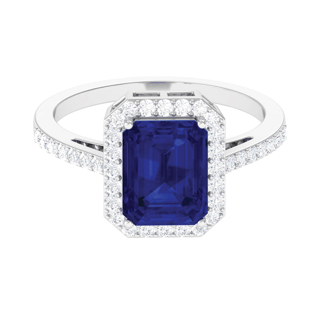 Emerald Cut Lab Grown Blue Sapphire Engagement Ring with Diamond Lab Created Blue Sapphire - ( AAAA ) - Quality - Rosec Jewels