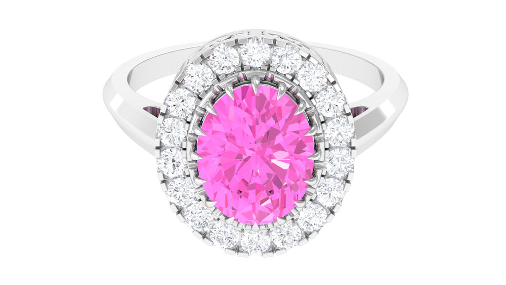 Oval Lab Grown Pink Sapphire Vintage Style Ring with Moissanite Halo Lab Created Pink Sapphire - ( AAAA ) - Quality - Rosec Jewels