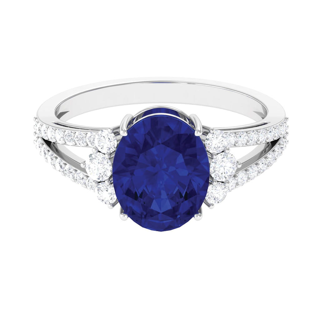 Certified Lab Grown Blue Sapphire Oval Engagement Ring With Moissanite Lab Created Blue Sapphire - ( AAAA ) - Quality - Rosec Jewels