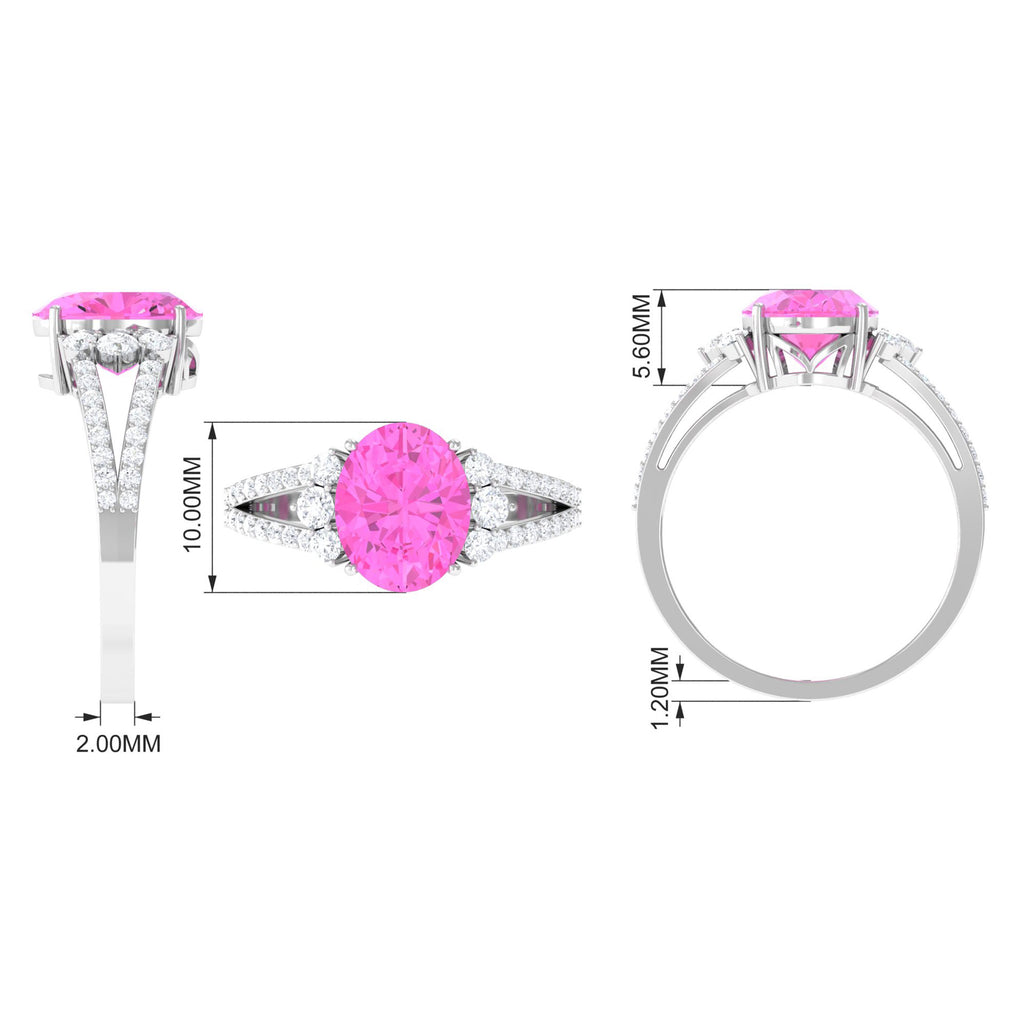 Oval Lab Grown Pink Sapphire Engagement Ring with Zircon Lab Created Pink Sapphire - ( AAAA ) - Quality - Rosec Jewels