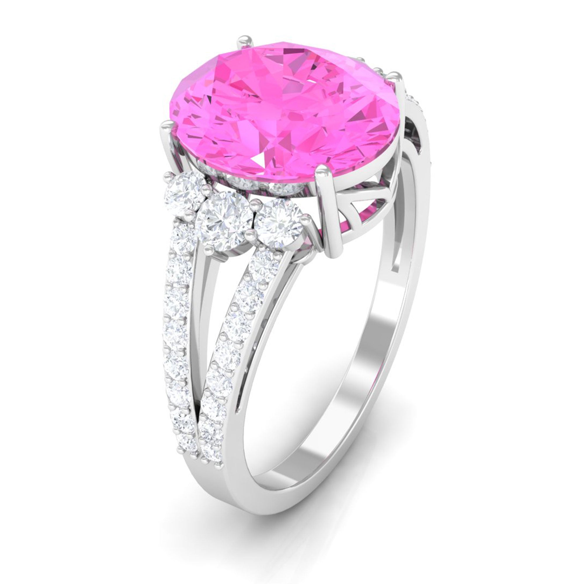 Certified Lab Created Pink Sapphire Oval Engagement Ring With Moissanite Lab Created Pink Sapphire - ( AAAA ) - Quality - Rosec Jewels