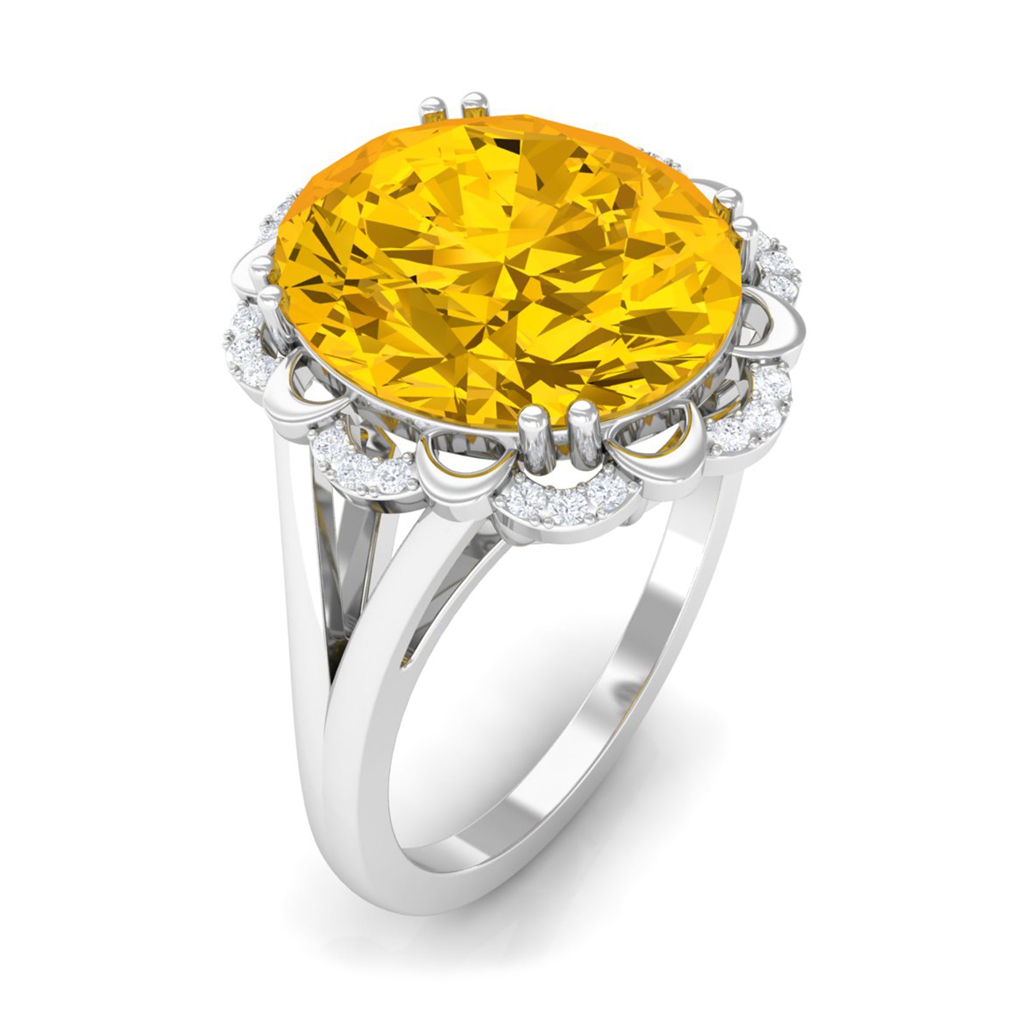 Oval Created Yellow Sapphire Split Shank Engagement Ring with Diamond Lab Created Yellow Sapphire - ( AAAA ) - Quality - Rosec Jewels