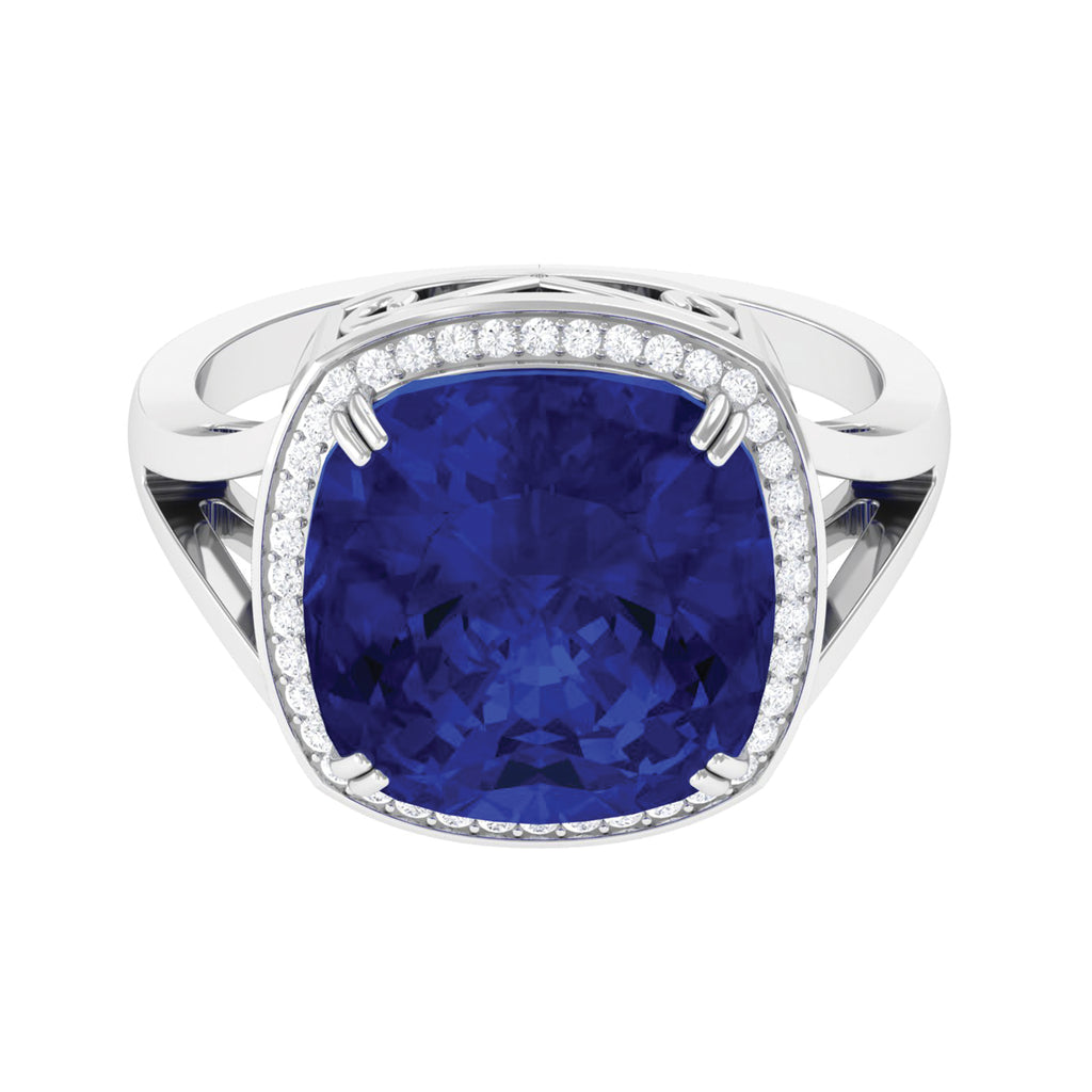 Cushion Cut Lab Grown Blue Sapphire Engagement Ring with Diamond Lab Created Blue Sapphire - ( AAAA ) - Quality - Rosec Jewels