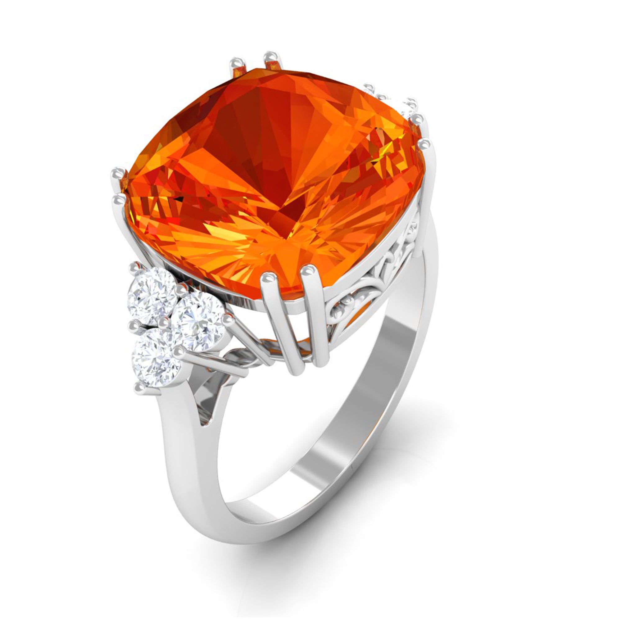 Created Orange Sapphire Cushion Cut Engagement Ring with Diamond Lab Created Orange Sapphire - ( AAAA ) - Quality - Rosec Jewels