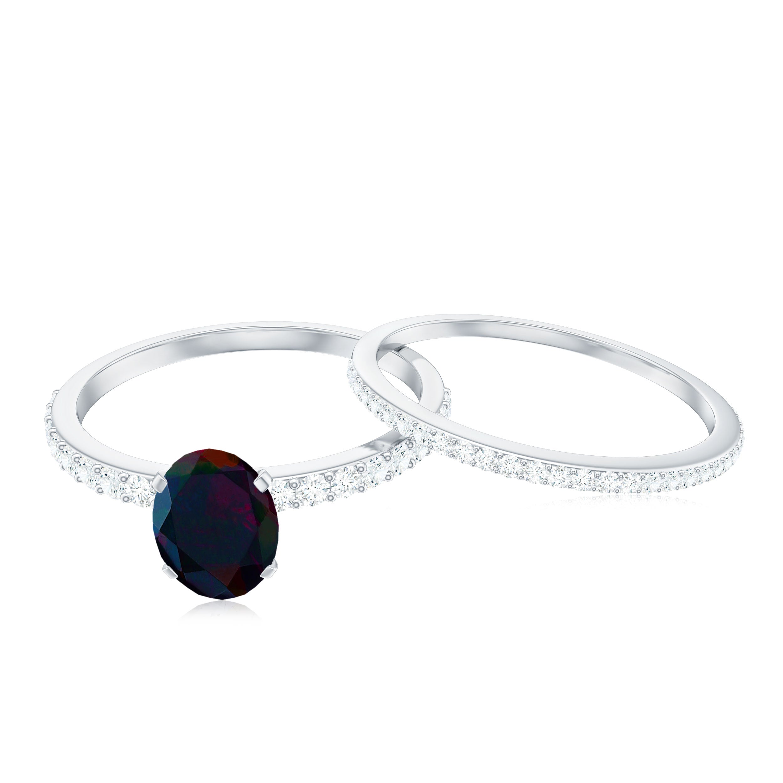 Oval Black Opal Solitaire Bridal Ring Set with Diamond Stackable Band Black Opal - ( AAA ) - Quality - Rosec Jewels