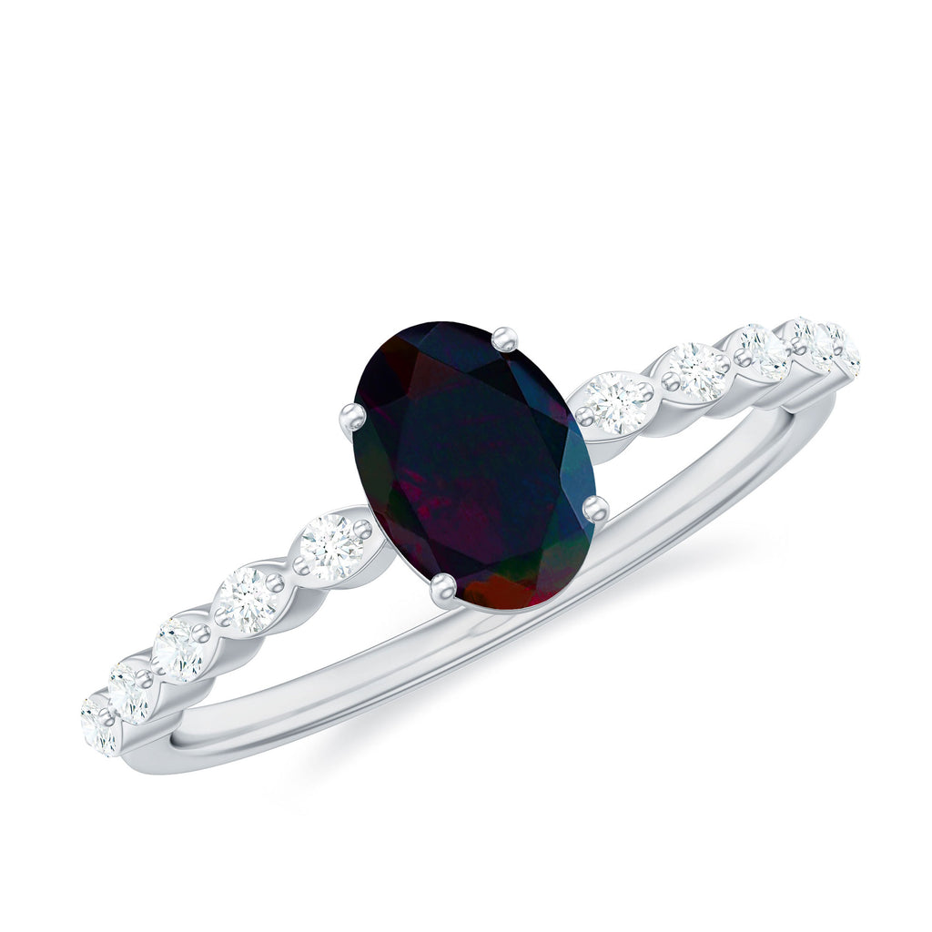 Oval Black Opal Solitaire Engagement Ring with Diamond Black Opal - ( AAA ) - Quality - Rosec Jewels